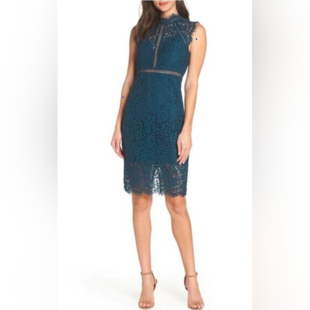 Bardot Sleeveless Lace Sheath Dress in Dark Teal Lace Panel Dress